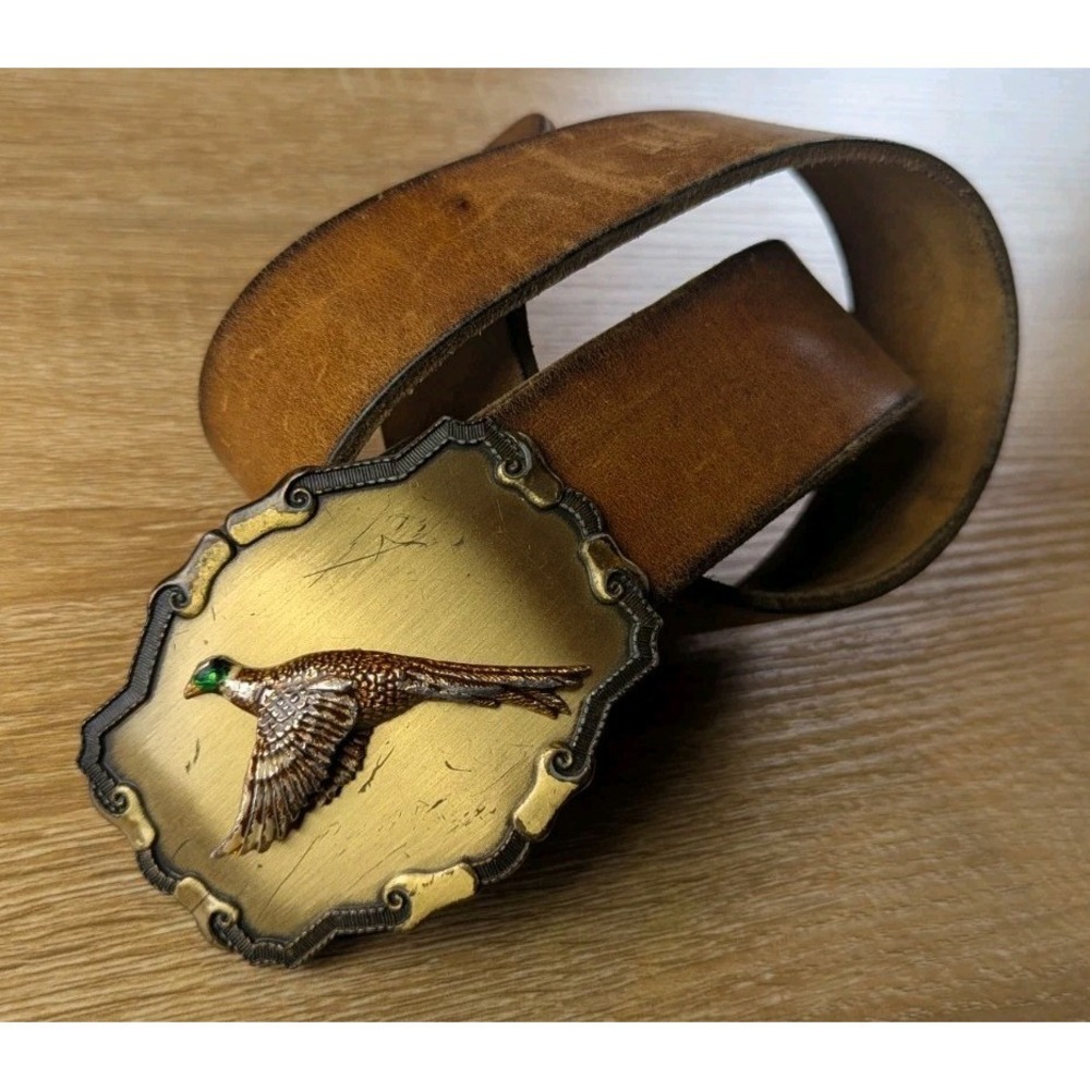 Vintage '70s Raintree Brass Framed Pheasant Bird Western Style Belt Buckle